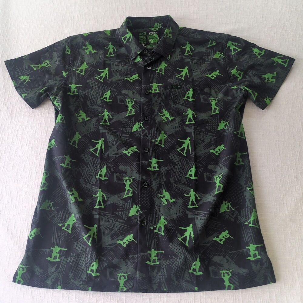 Retro Rifle Plastic Army Men's XL Button Down Shirt Black Green Graphic